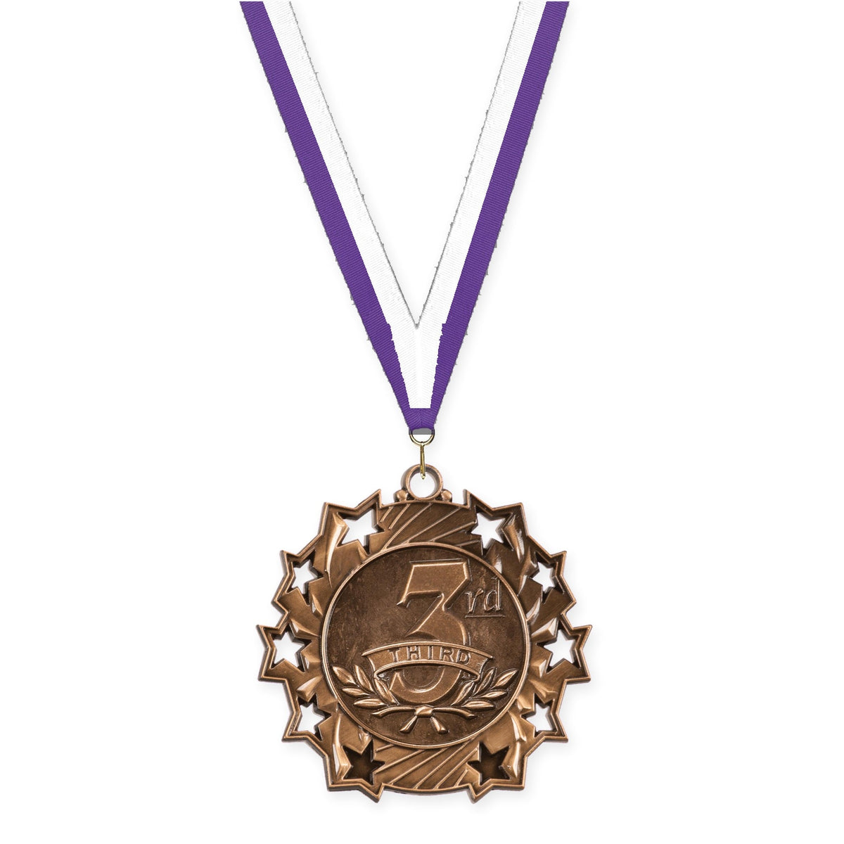 2 1/4 inch Place Ten Star medal in bronze - 3rd place with Purple White neck ribbon