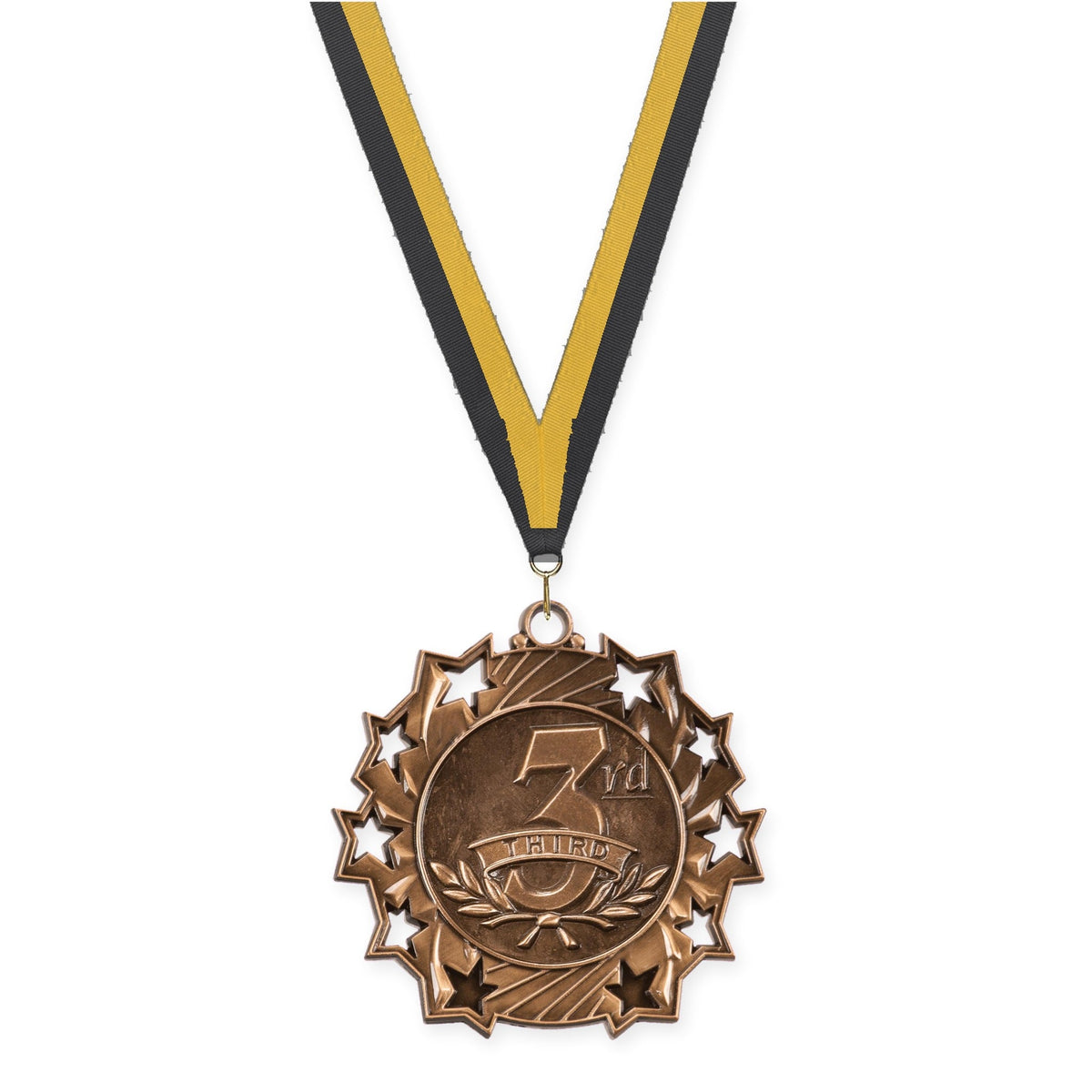 2 1/4 inch Place Ten Star medal in bronze - 3rd place with Black Gold neck ribbon