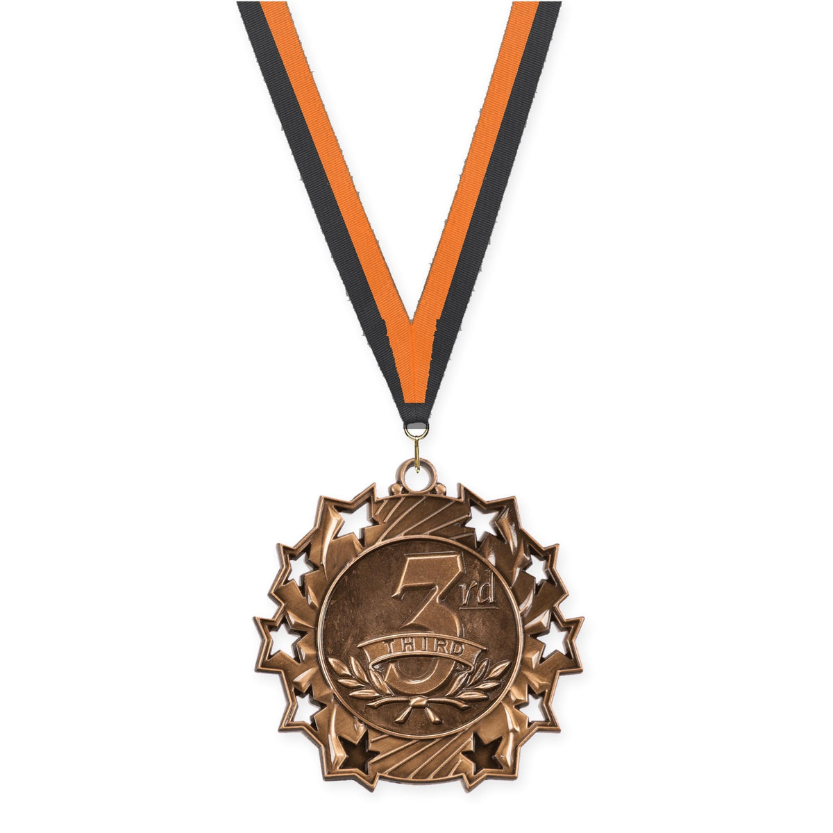 2 1/4 inch Place Ten Star medal in bronze - 3rd place with Black Orange neck ribbon