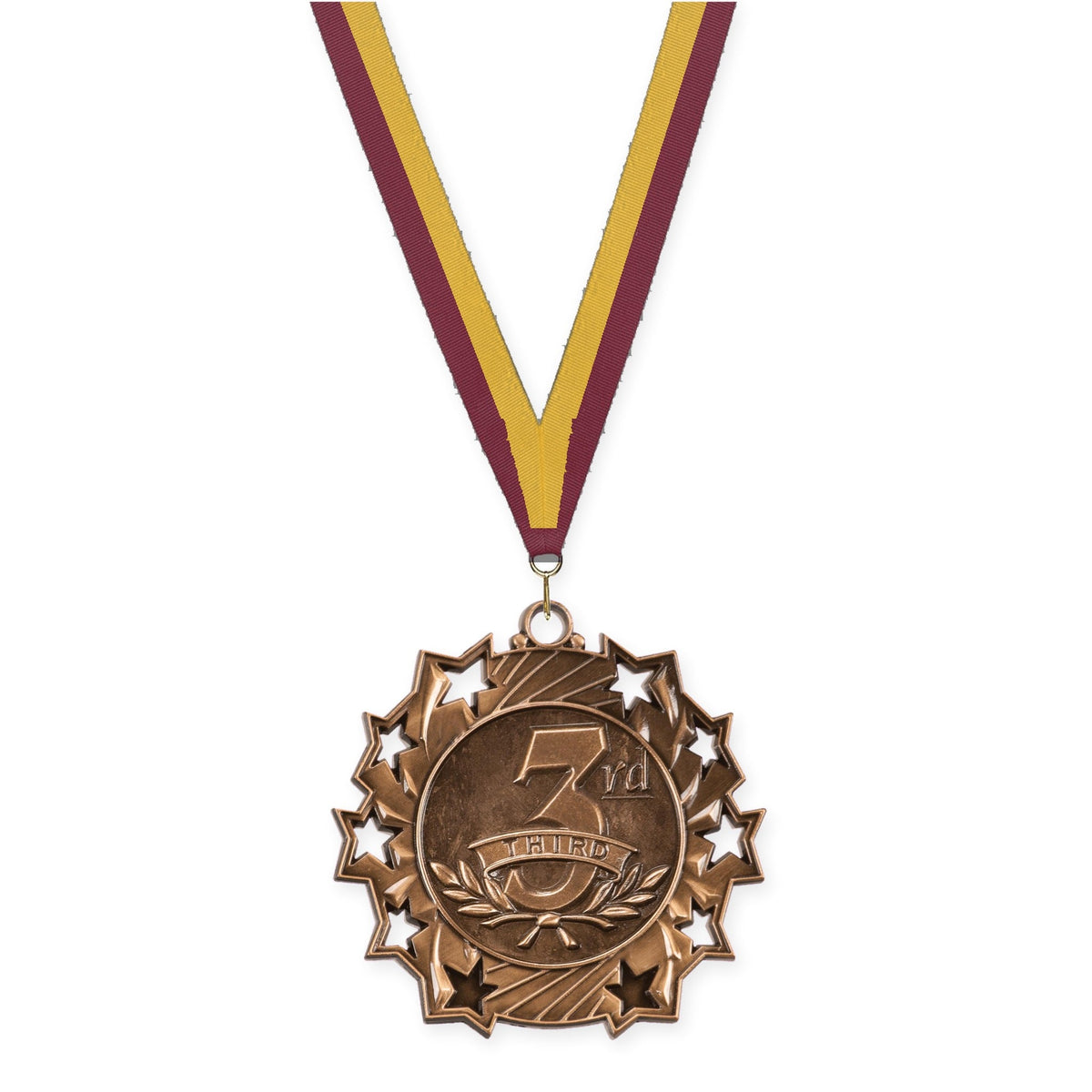 2 1/4 inch Place Ten Star medal in bronze - 3rd place with Maroon Gold neck ribbon