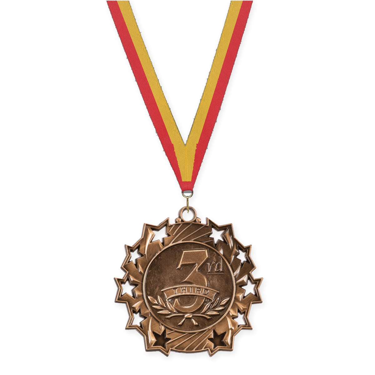 2 1/4 inch Place Ten Star medal in bronze - 3rd place with Red Gold neck ribbon