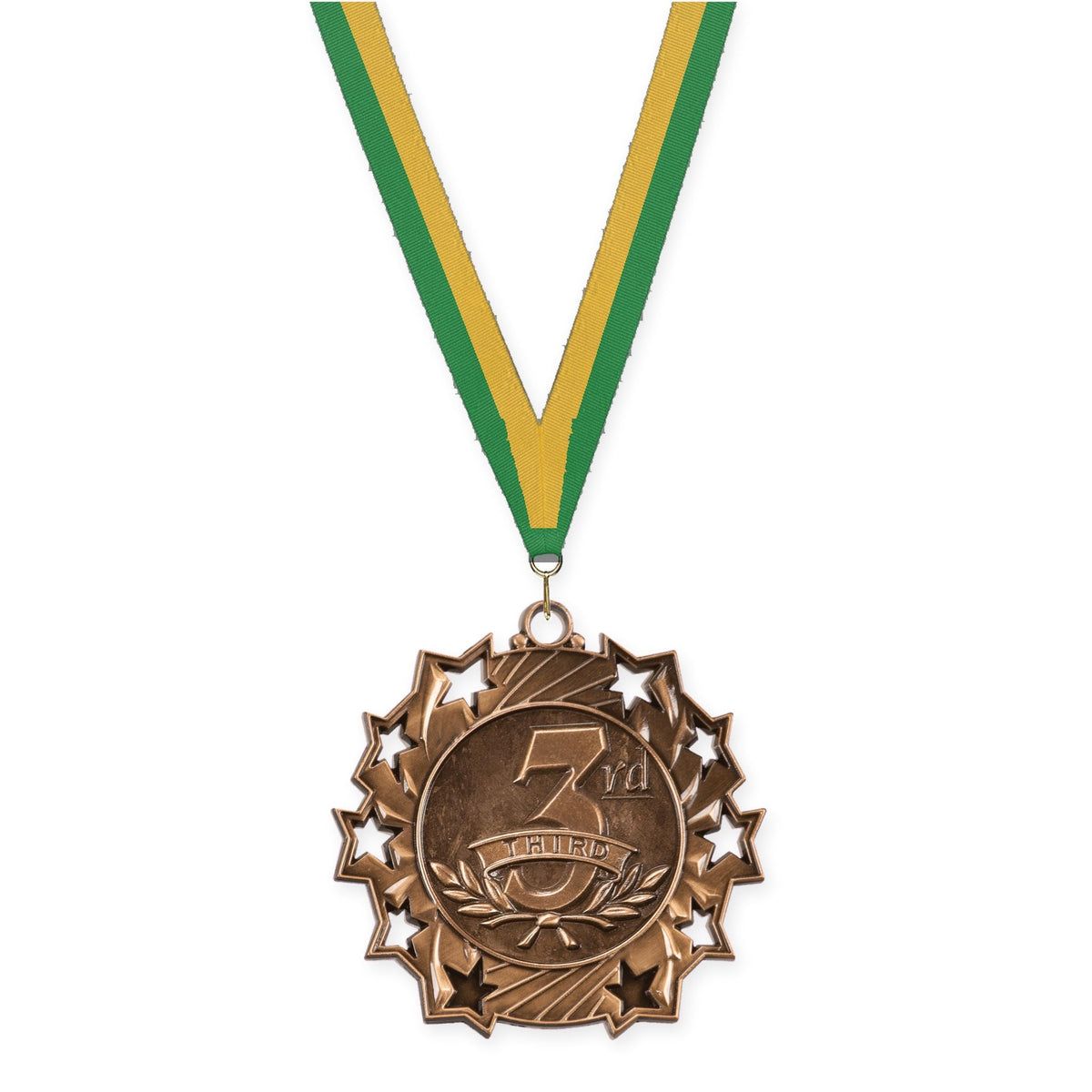 2 1/4 inch Place Ten Star medal in bronze - 3rd place with Green Gold neck ribbon