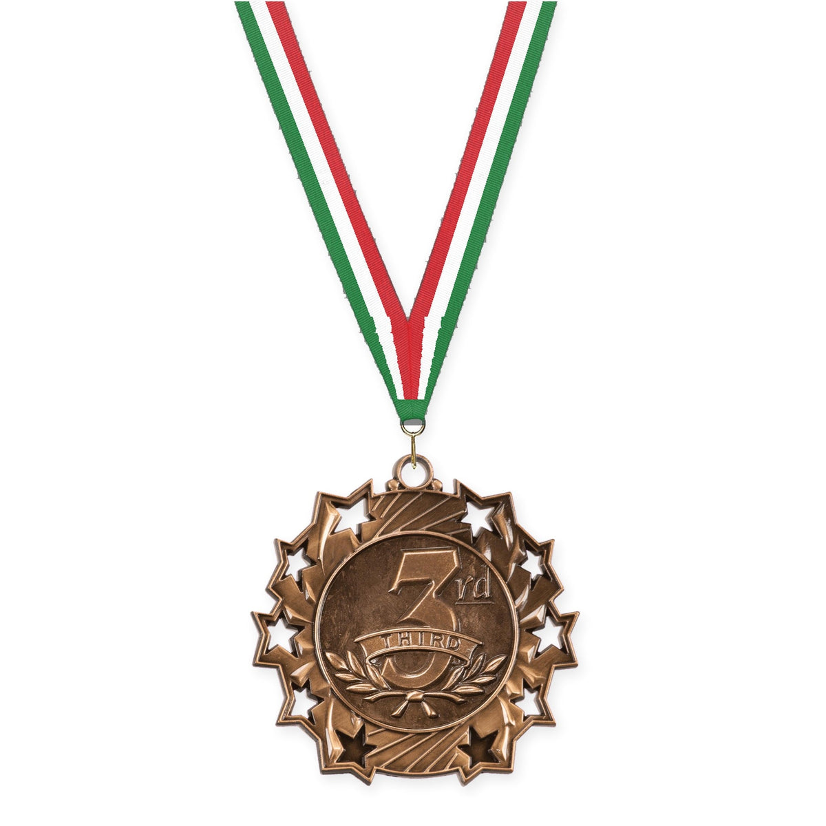 2 1/4 inch Place Ten Star medal in bronze - 3rd place with Green White Red neck ribbon
