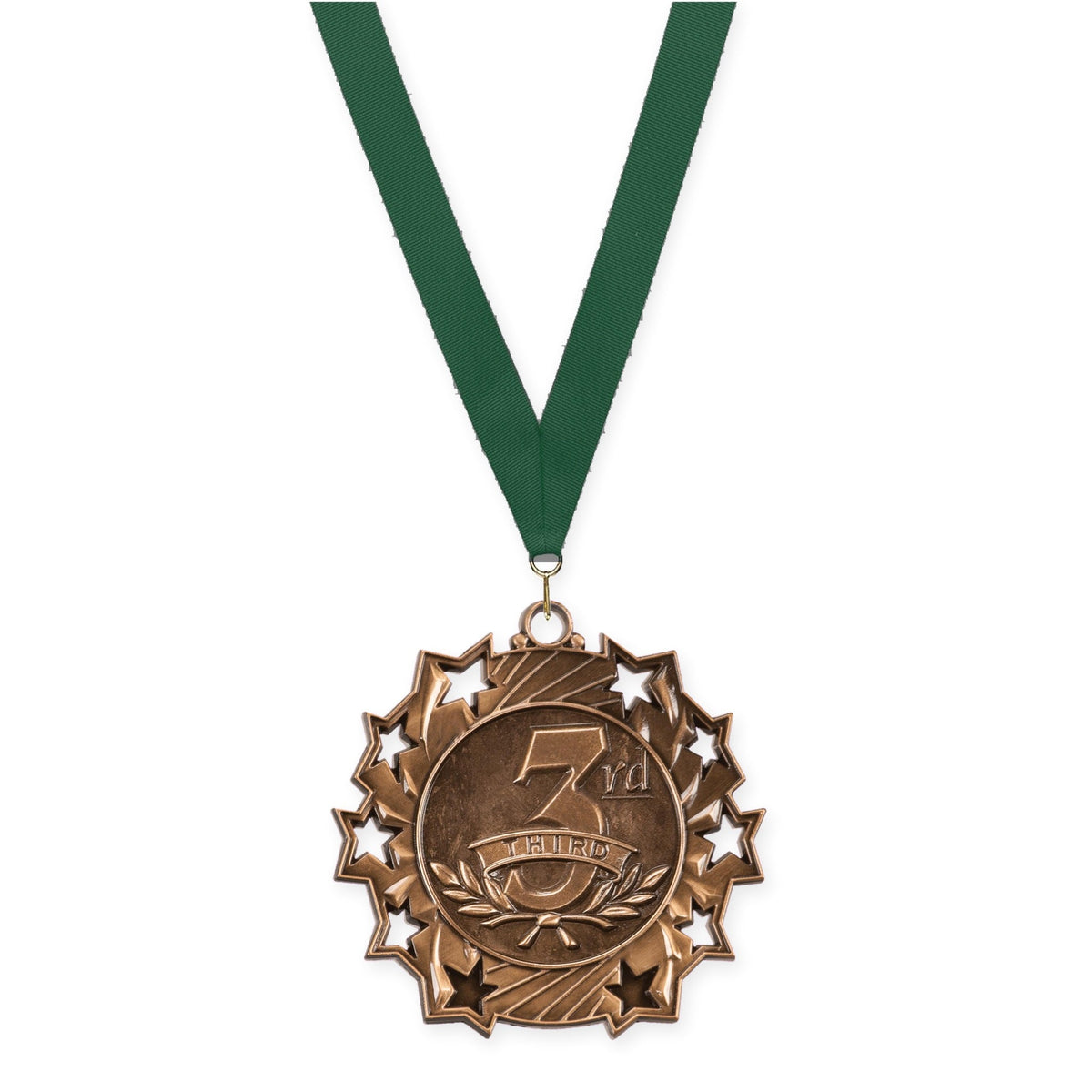 2 1/4 inch Place Ten Star medal in bronze - 3rd place with Hunter Green neck ribbon
