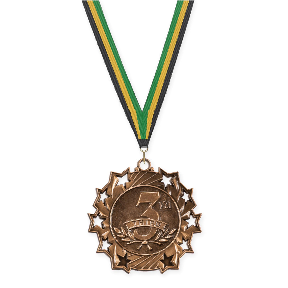 2 1/4 inch Place Ten Star medal in bronze - 3rd place with Black Gold Green neck ribbon