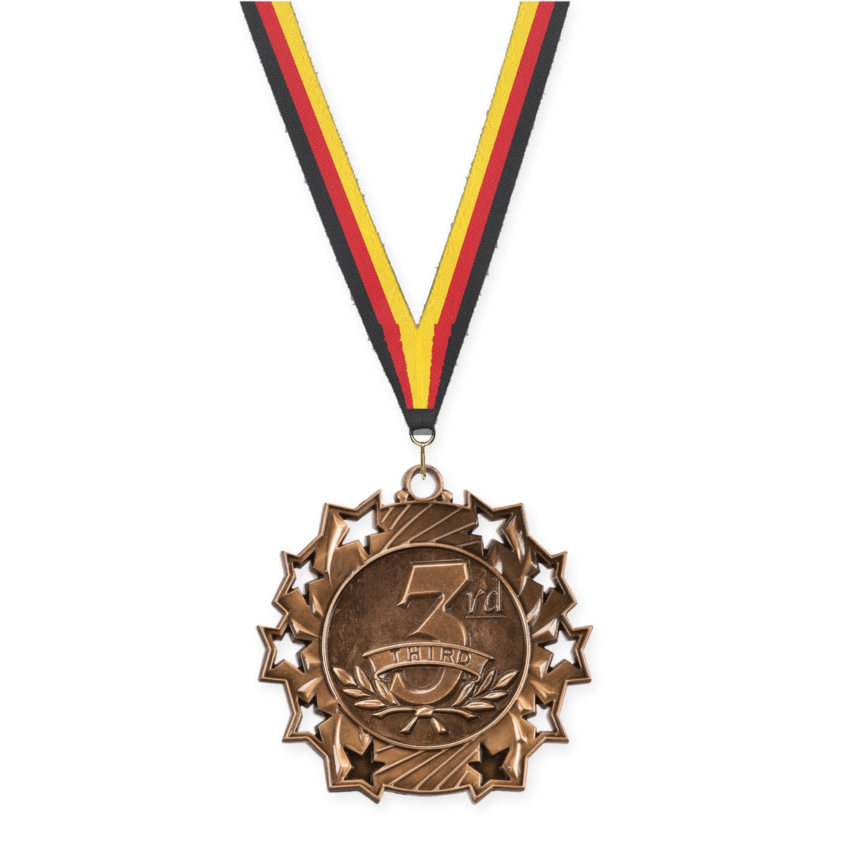 2 1/4 inch Place Ten Star medal in bronze - 3rd place with Black Red Yellow neck ribbon