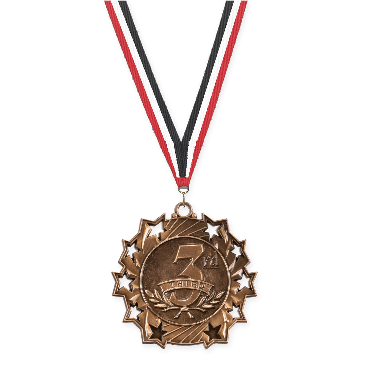 2 1/4 inch Place Ten Star medal in bronze - 3rd place with Red White Black neck ribbon