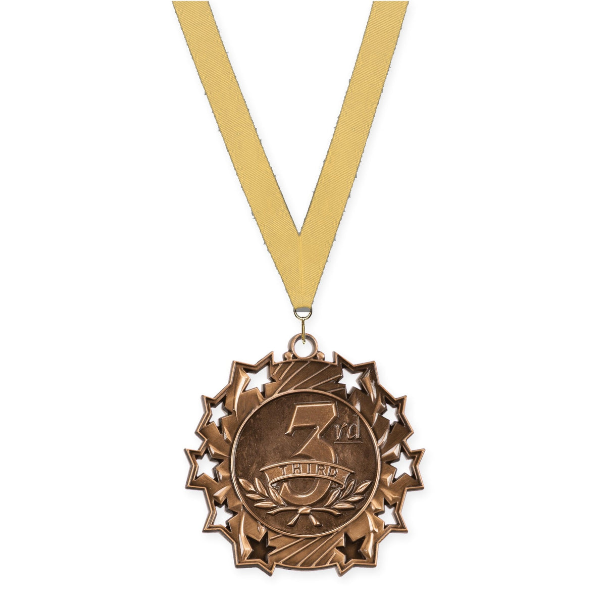 2 1/4 inch Place Ten Star medal in bronze - 3rd place with Gold Metallic neck ribbon