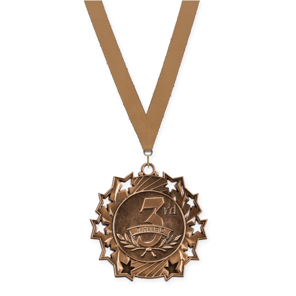 2 1/4 inch Place Ten Star medal in bronze - 3rd place with Bronze Metallic neck ribbon