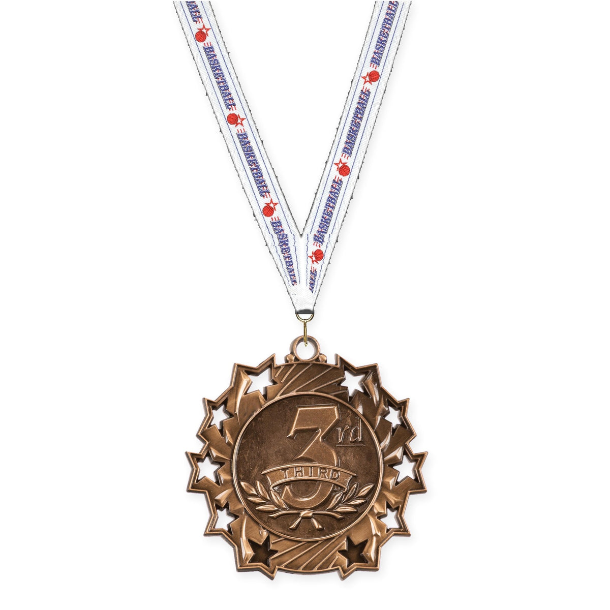 2 1/4 inch Place Ten Star medal in bronze - 3rd place with Basketball neck ribbon