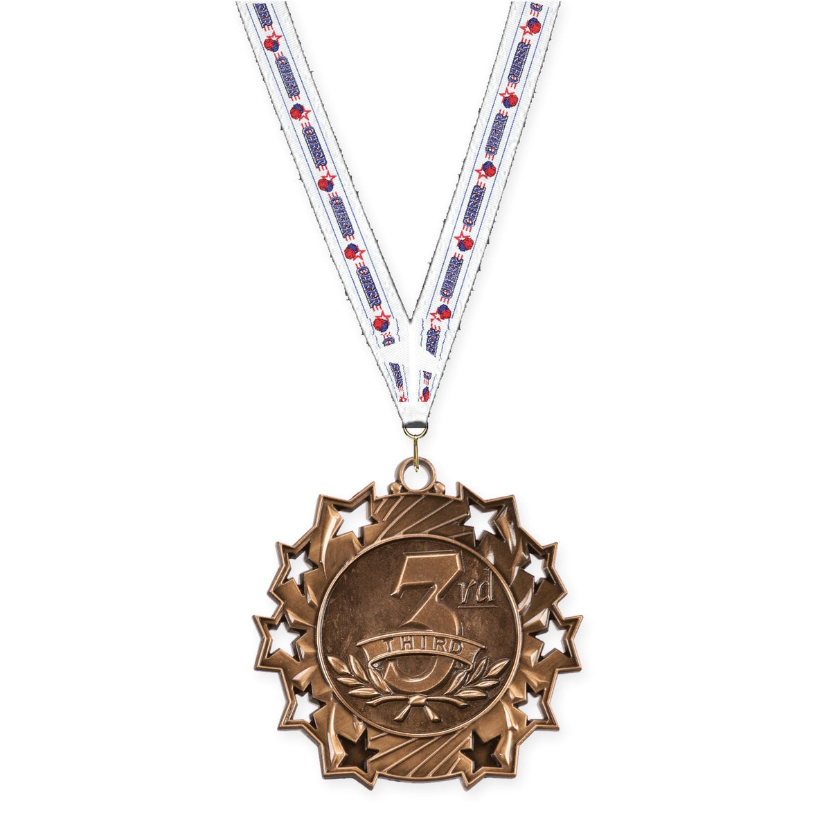 2 1/4 inch Place Ten Star medal in bronze - 3rd place with Cheerleading neck ribbon