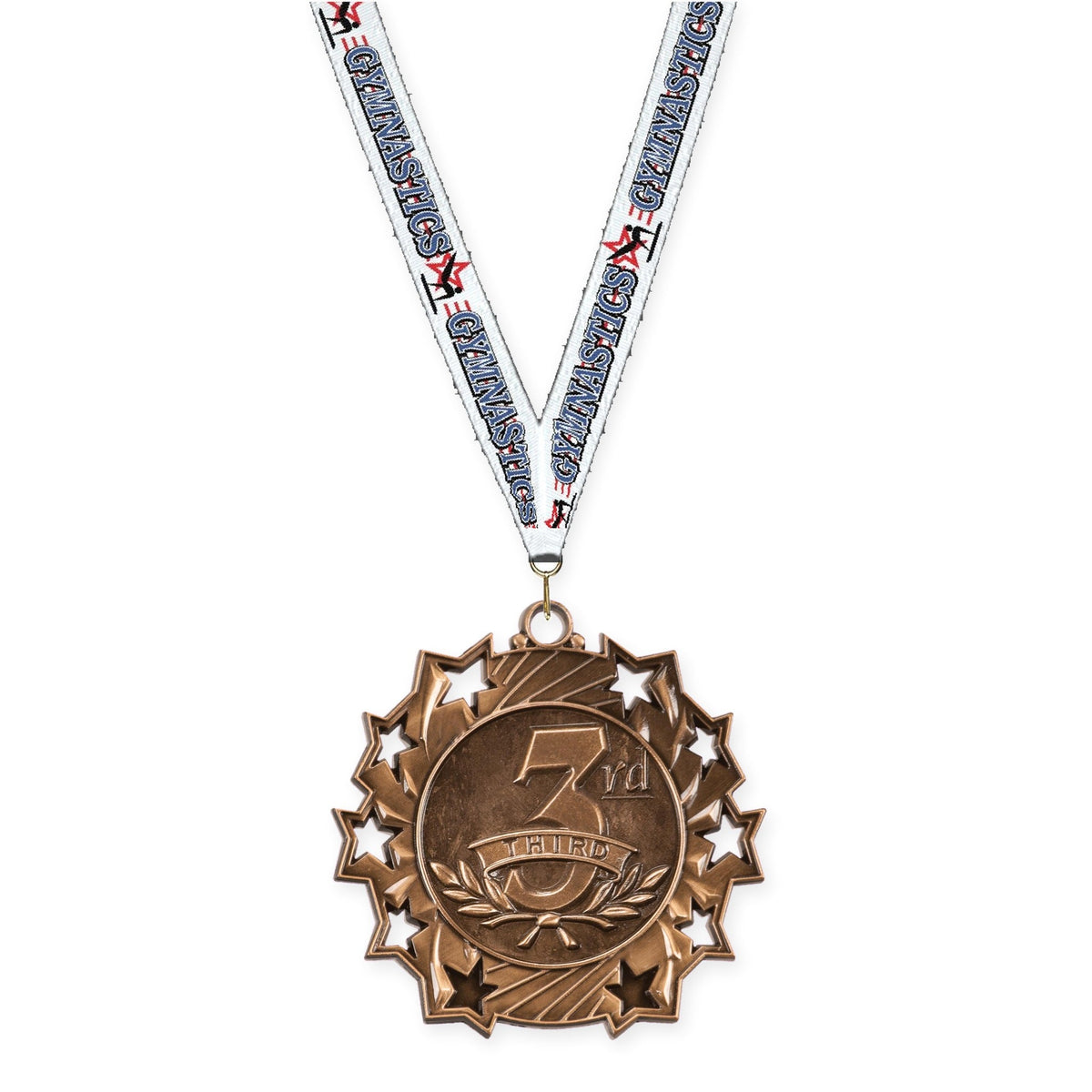 2 1/4 inch Place Ten Star medal in bronze - 3rd place with Gymnastics neck ribbon