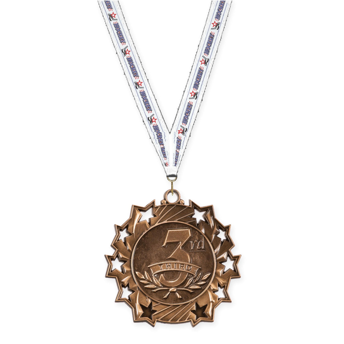 2 1/4 inch Place Ten Star medal in bronze - 3rd place with Hockey neck ribbon