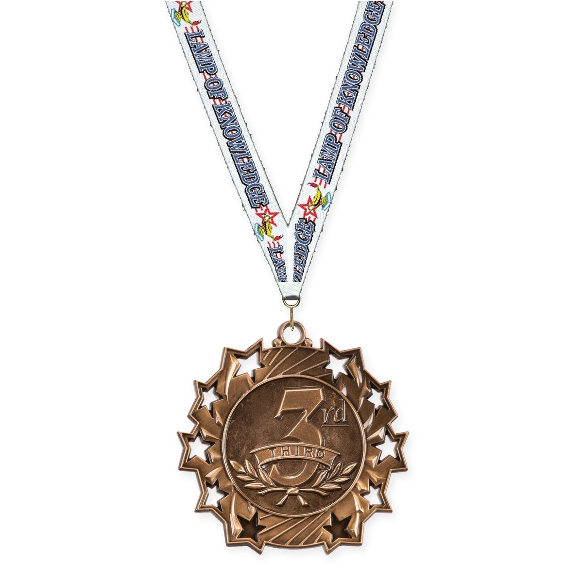 2 1/4 inch Place Ten Star medal in bronze - 3rd place with Lamp Of Knowledge neck ribbon