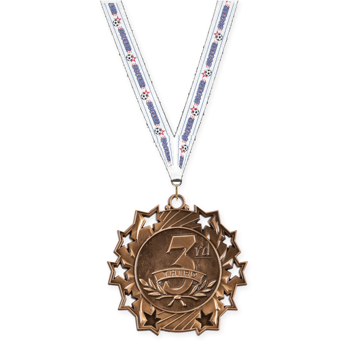 2 1/4 inch Place Ten Star medal in bronze - 3rd place with Soccer neck ribbon