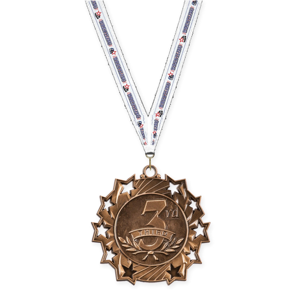 2 1/4 inch Place Ten Star medal in bronze - 3rd place with Wrestling neck ribbon