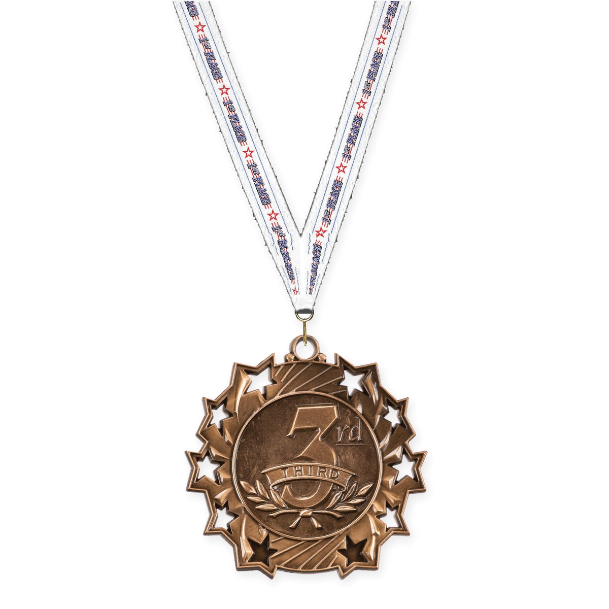 2 1/4 inch Place Ten Star medal in bronze - 3rd place with 1st Place neck ribbon