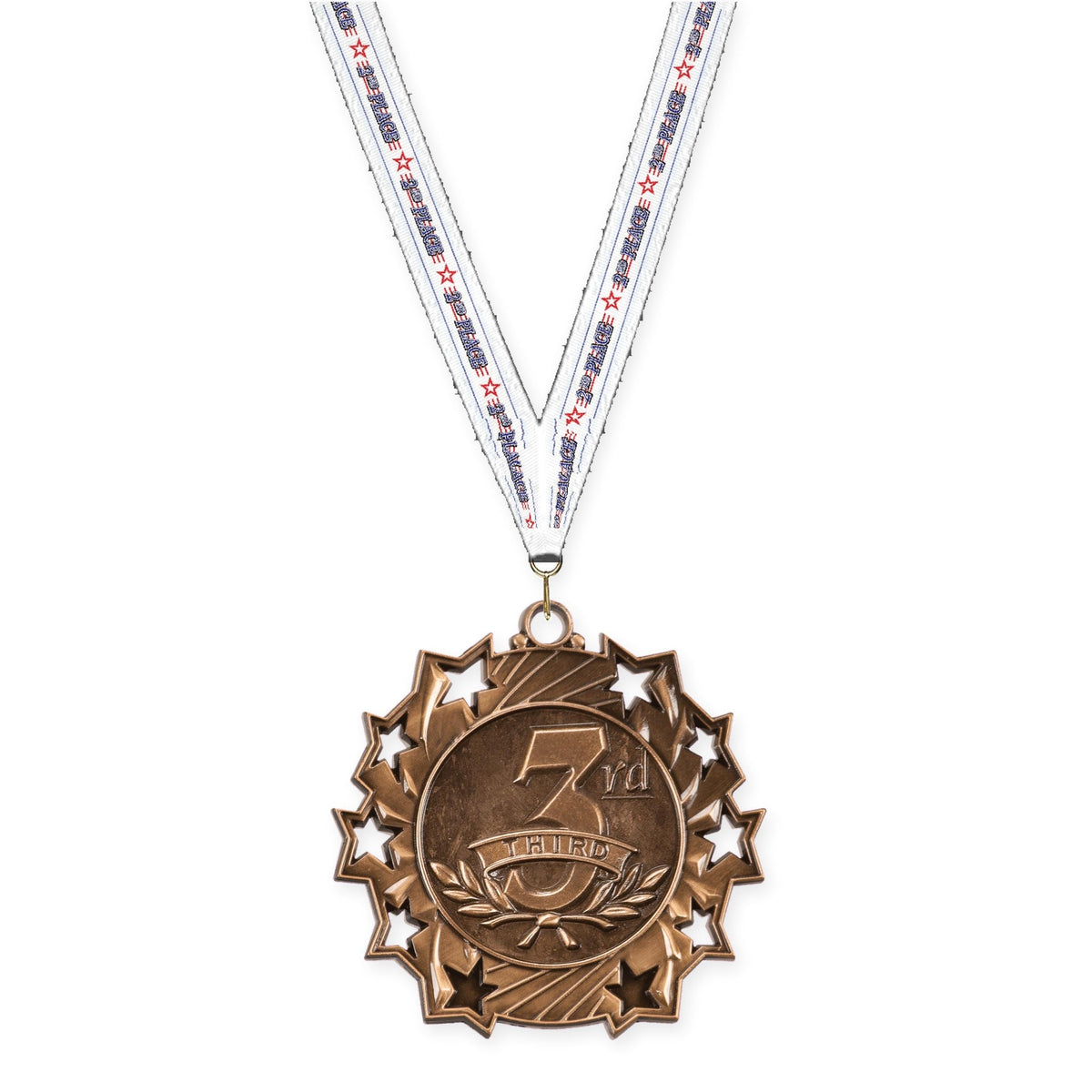 2 1/4 inch Place Ten Star medal in bronze - 3rd place with 2nd Place neck ribbon