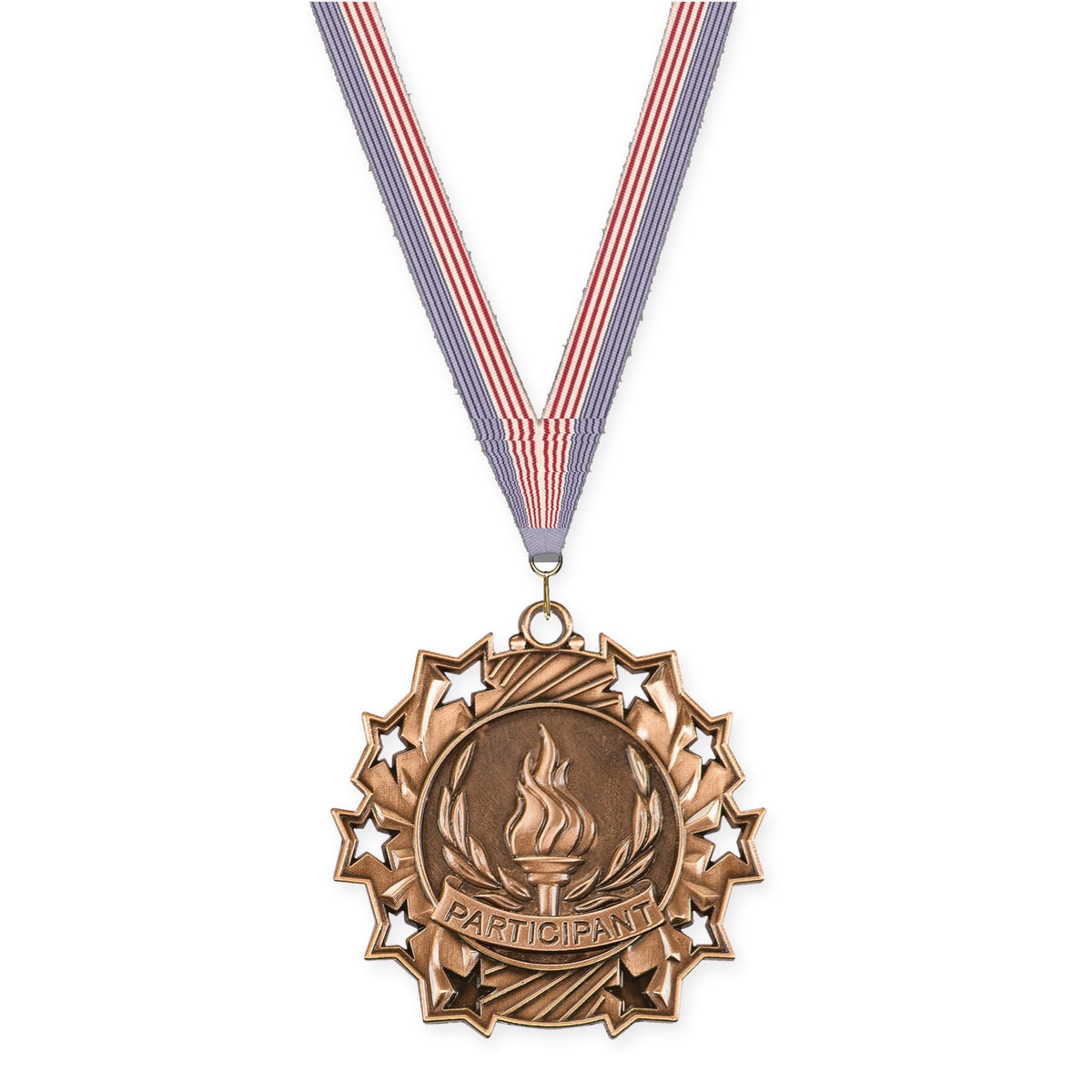 2 1/4 inch Participant Ten Star medal in antique bronze with USA Flag neck ribbon