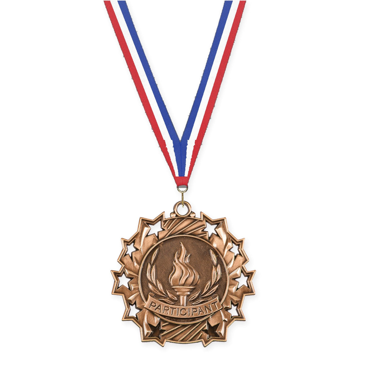 2 1/4 inch Participant Ten Star medal in antique bronze with Red White Blue neck ribbon