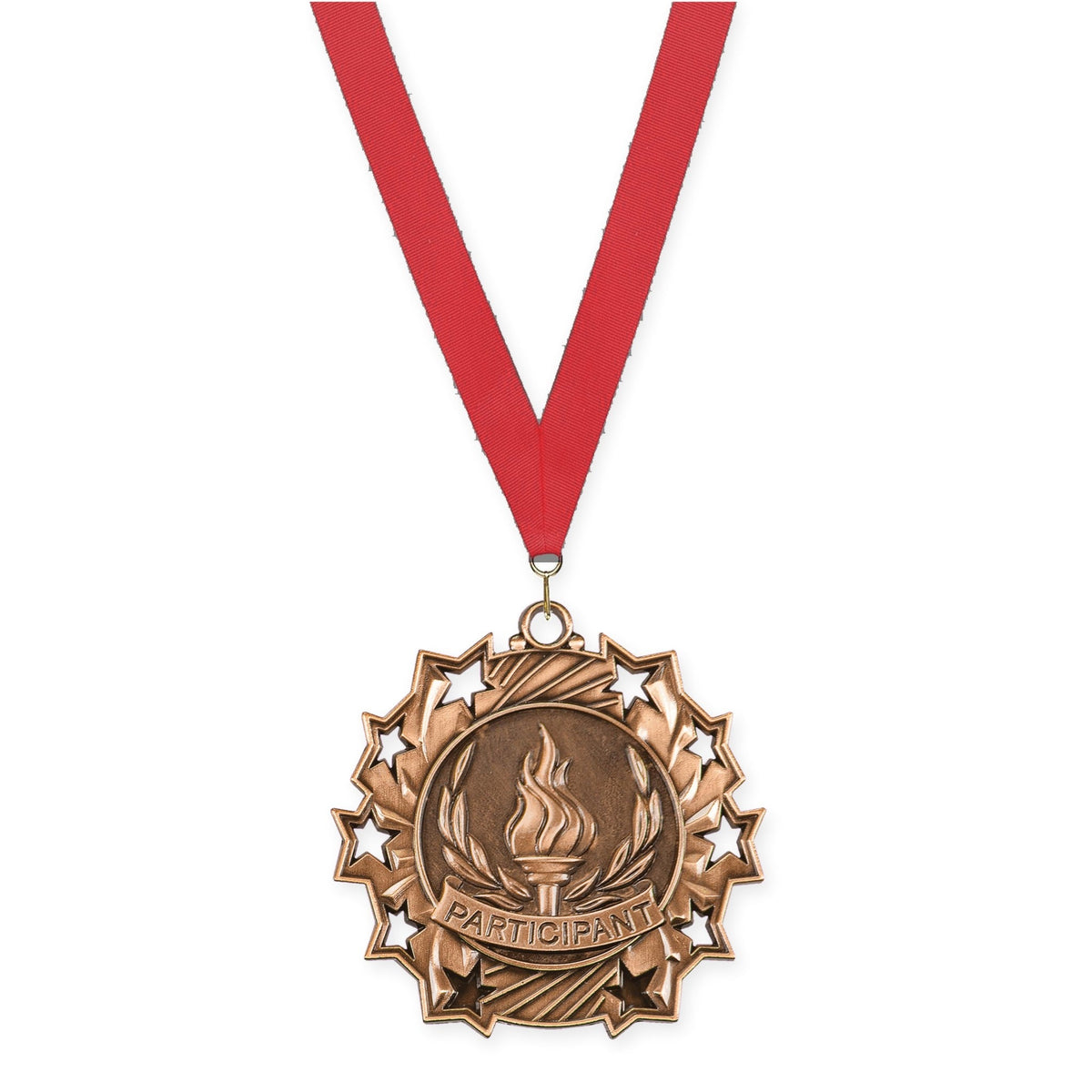 2 1/4 inch Participant Ten Star medal in antique bronze with Red neck ribbon