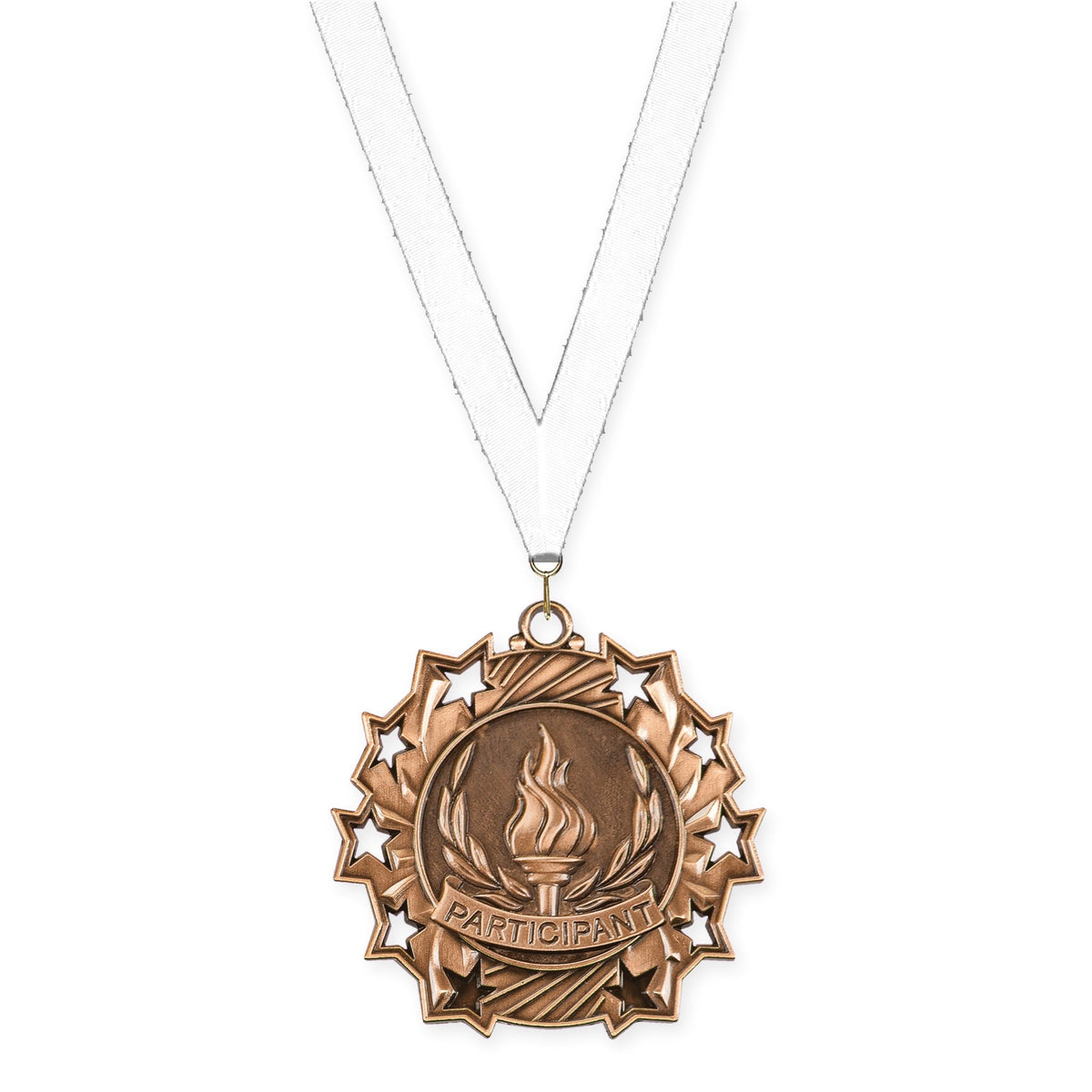 2 1/4 inch Participant Ten Star medal in antique bronze with White neck ribbon