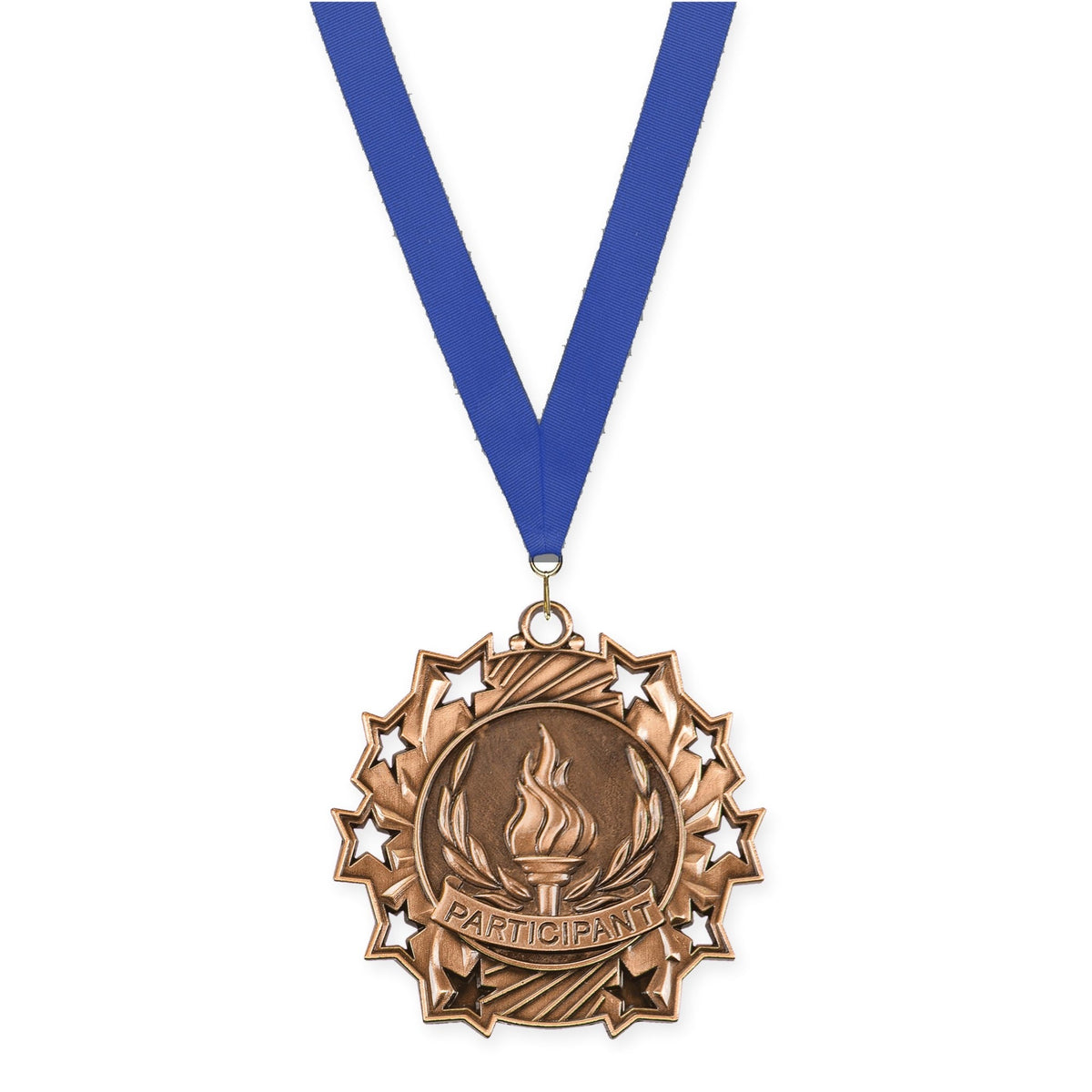 2 1/4 inch Participant Ten Star medal in antique bronze with Blue neck ribbon