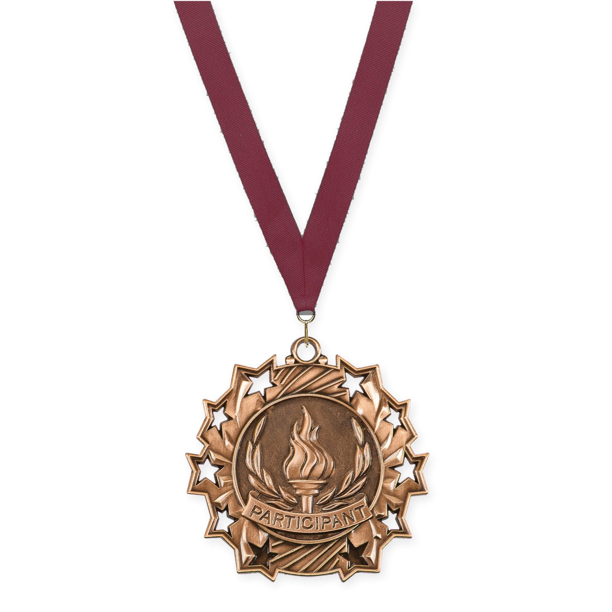 2 1/4 inch Participant Ten Star medal in antique bronze with Maroon neck ribbon
