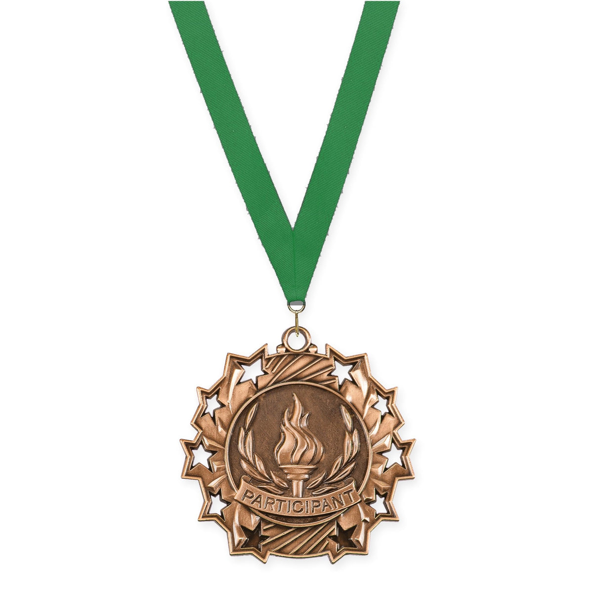 2 1/4 inch Participant Ten Star medal in antique bronze with Green neck ribbon