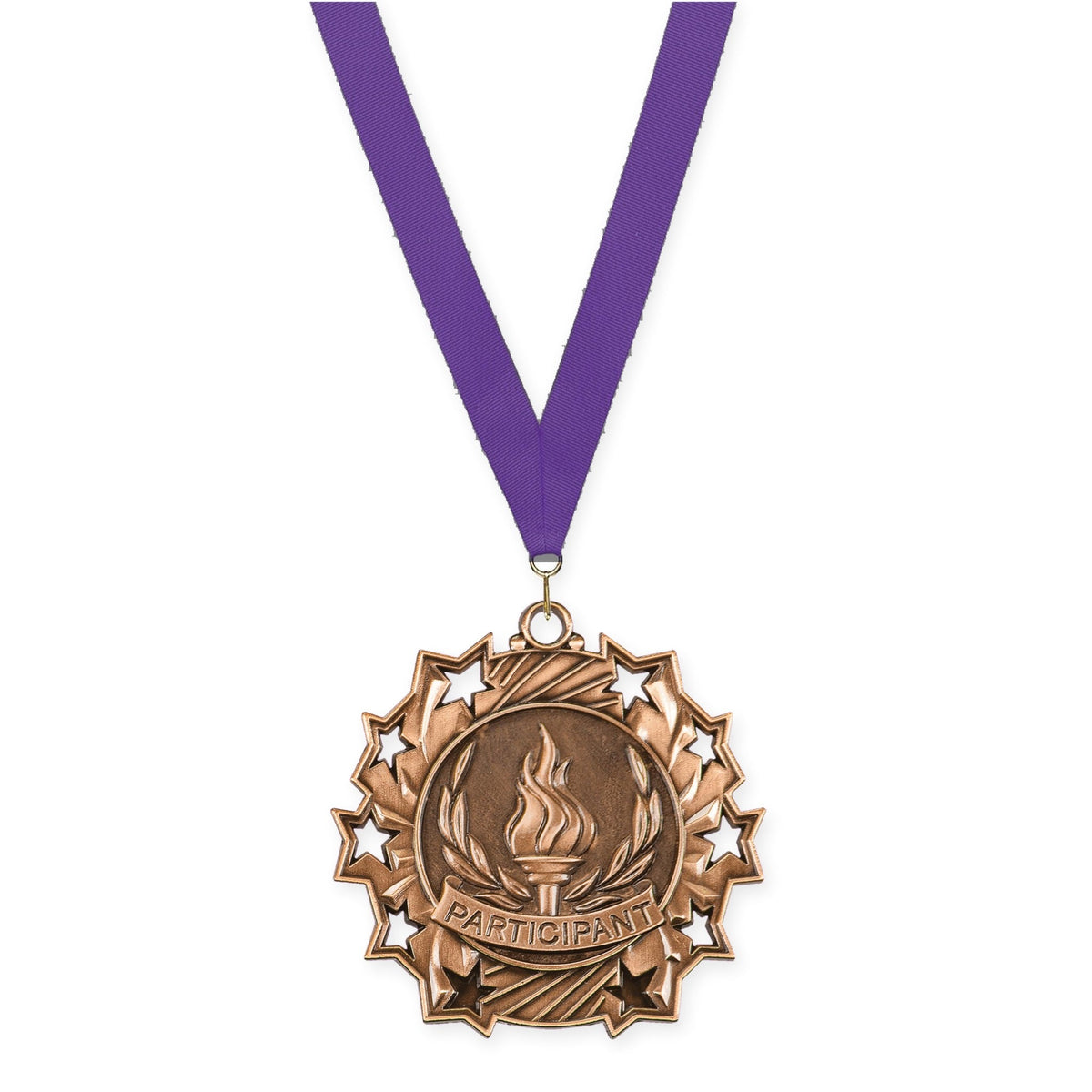 2 1/4 inch Participant Ten Star medal in antique bronze with Purple neck ribbon