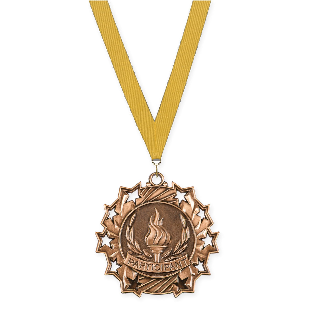 2 1/4 inch Participant Ten Star medal in antique bronze with Gold neck ribbon