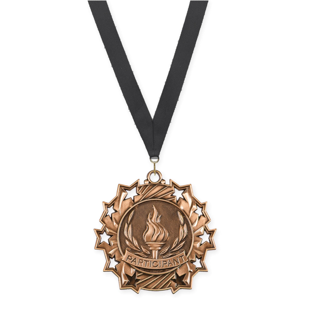 2 1/4 inch Participant Ten Star medal in antique bronze with Black neck ribbon