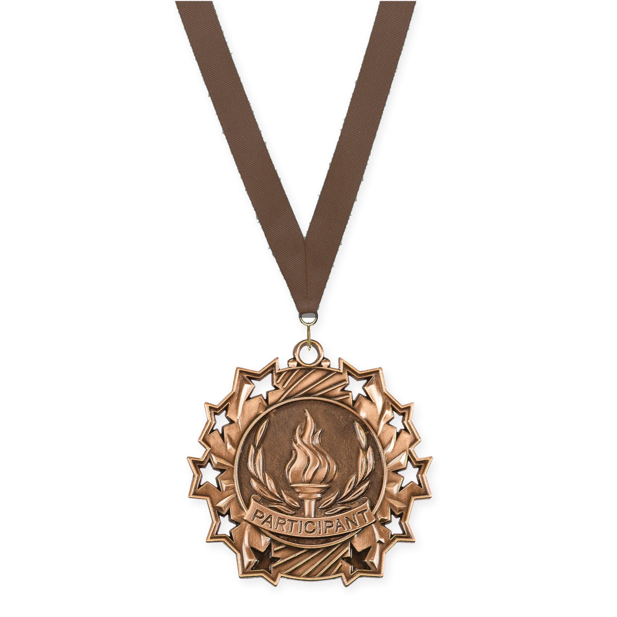 2 1/4 inch Participant Ten Star medal in antique bronze with Brown neck ribbon