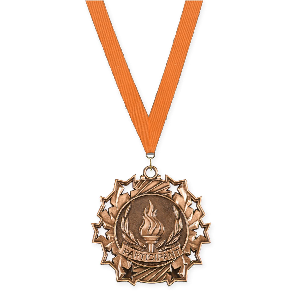 2 1/4 inch Participant Ten Star medal in antique bronze with Orange neck ribbon
