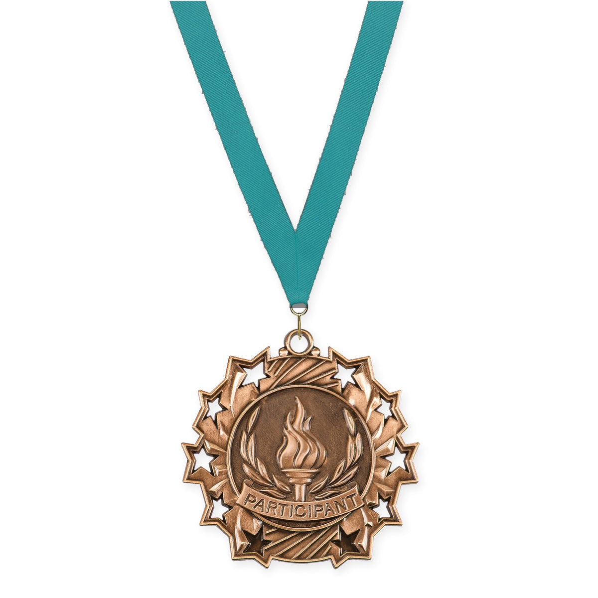 2 1/4 inch Participant Ten Star medal in antique bronze with Teal neck ribbon