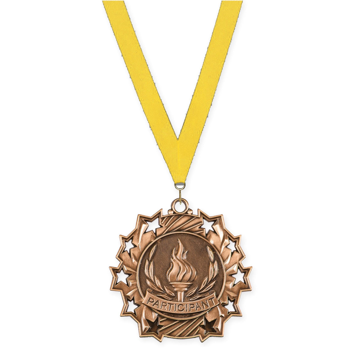 2 1/4 inch Participant Ten Star medal in antique bronze with Yellow neck ribbon