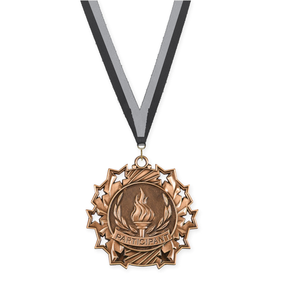 2 1/4 inch Participant Ten Star medal in antique bronze with Black Gray neck ribbon