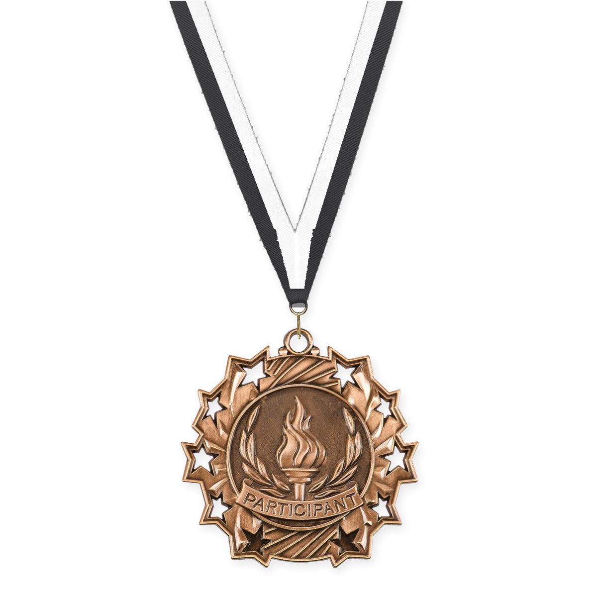 2 1/4 inch Participant Ten Star medal in antique bronze with Black White neck ribbon