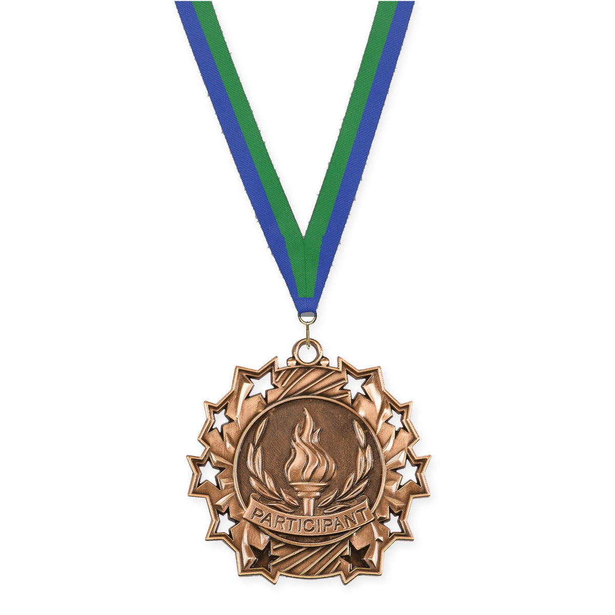 2 1/4 inch Participant Ten Star medal in antique bronze with Blue Green neck ribbon