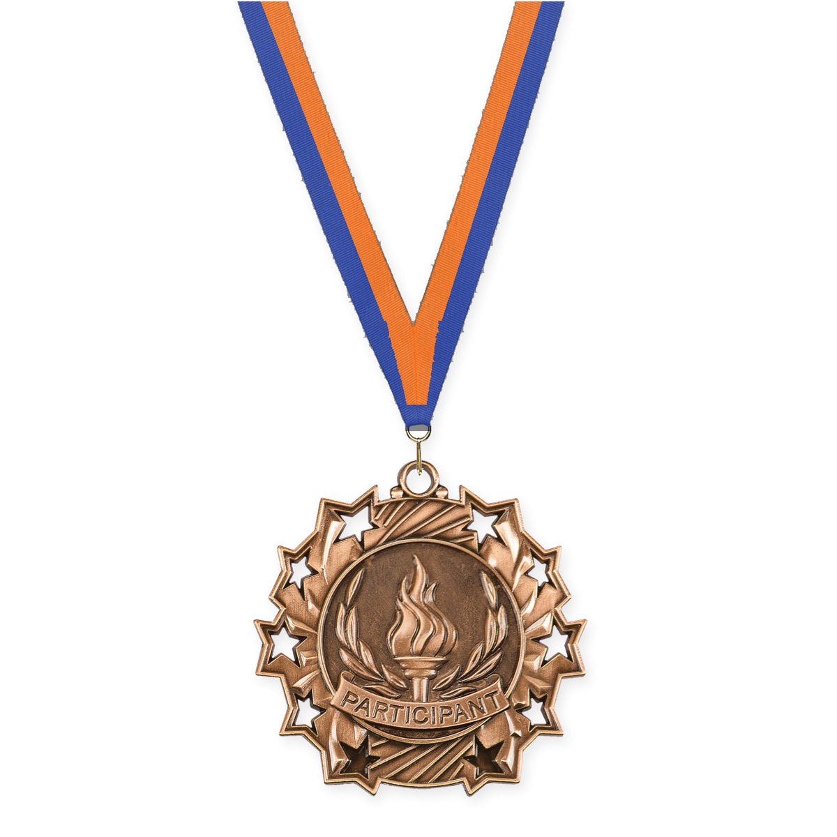 2 1/4 inch Participant Ten Star medal in antique bronze with Blue Orange neck ribbon