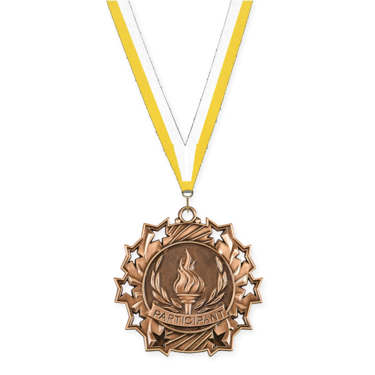 2 1/4 inch Participant Ten Star medal in antique bronze with Yellow White neck ribbon