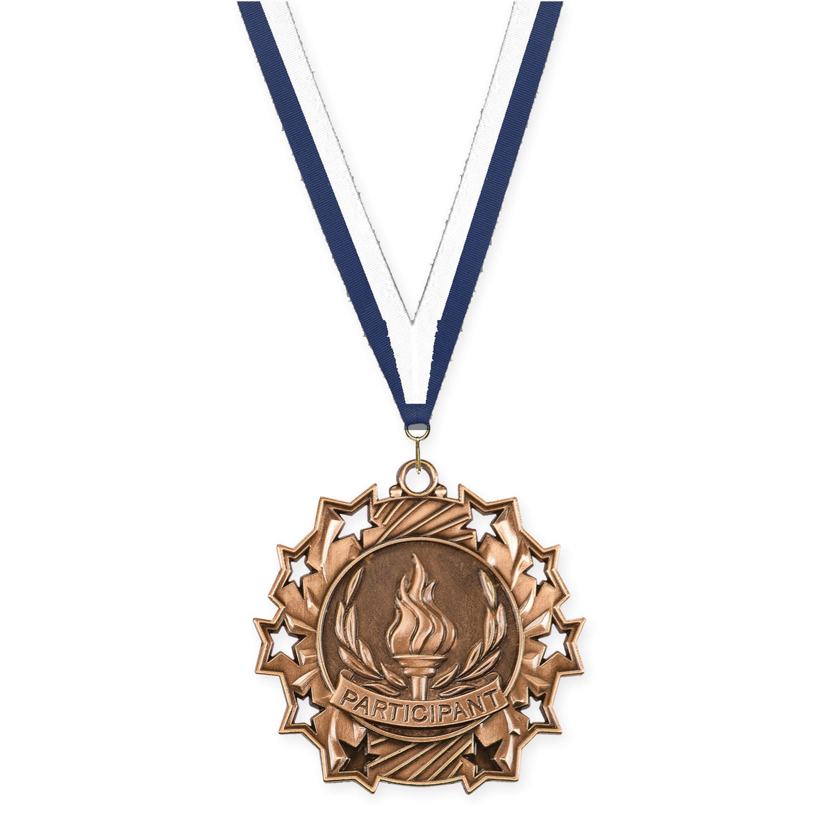 2 1/4 inch Participant Ten Star medal in antique bronze with Navy White neck ribbon
