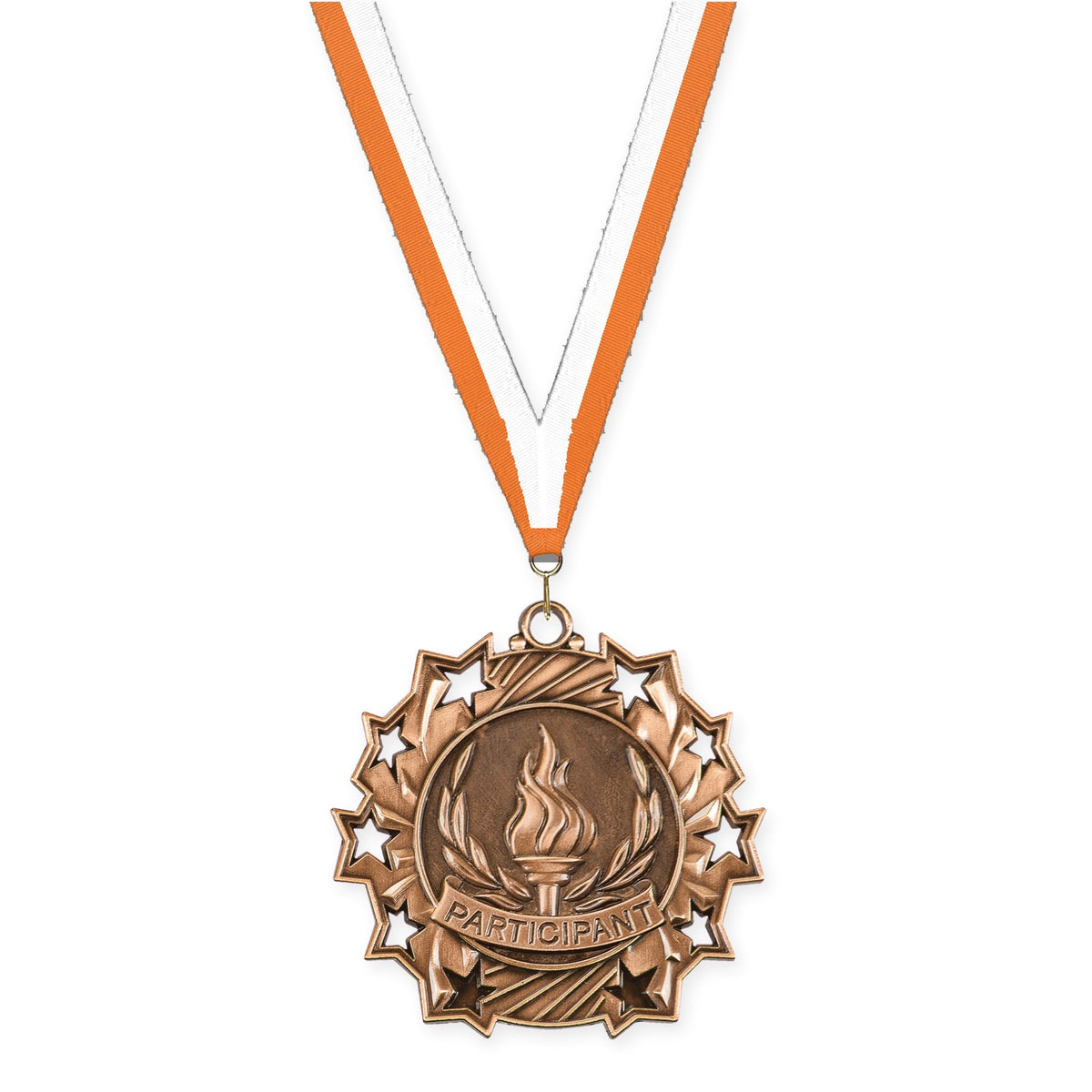 2 1/4 inch Participant Ten Star medal in antique bronze with Orange White neck ribbon