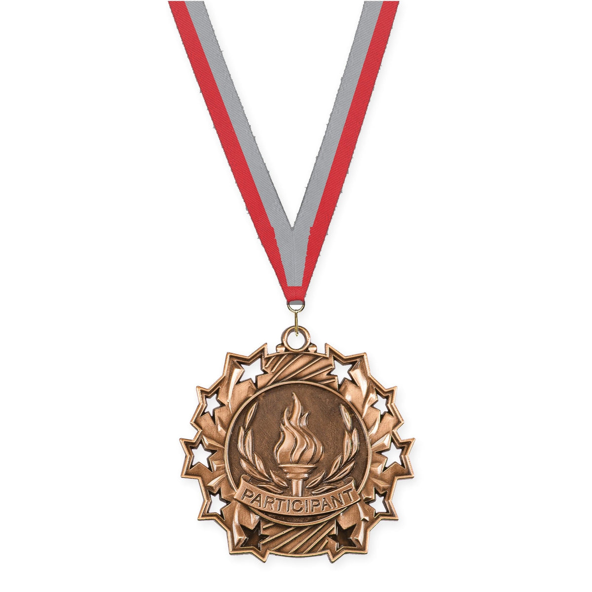 2 1/4 inch Participant Ten Star medal in antique bronze with Red Gray neck ribbon
