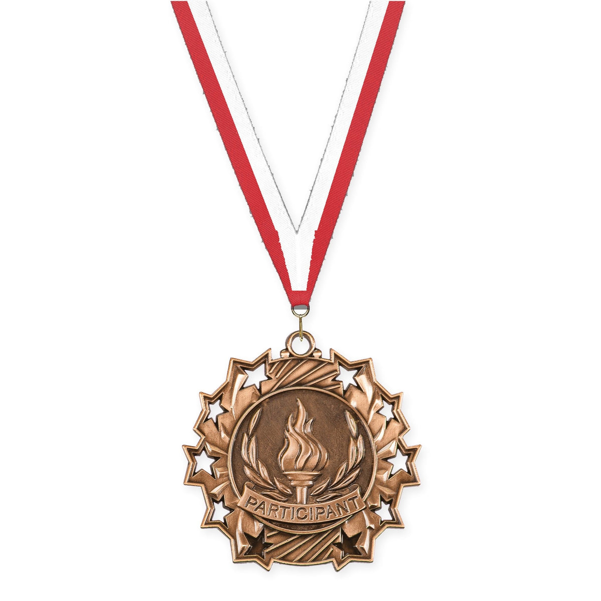 2 1/4 inch Participant Ten Star medal in antique bronze with Red White neck ribbon