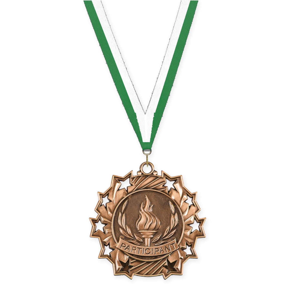 2 1/4 inch Participant Ten Star medal in antique bronze with Green White neck ribbon