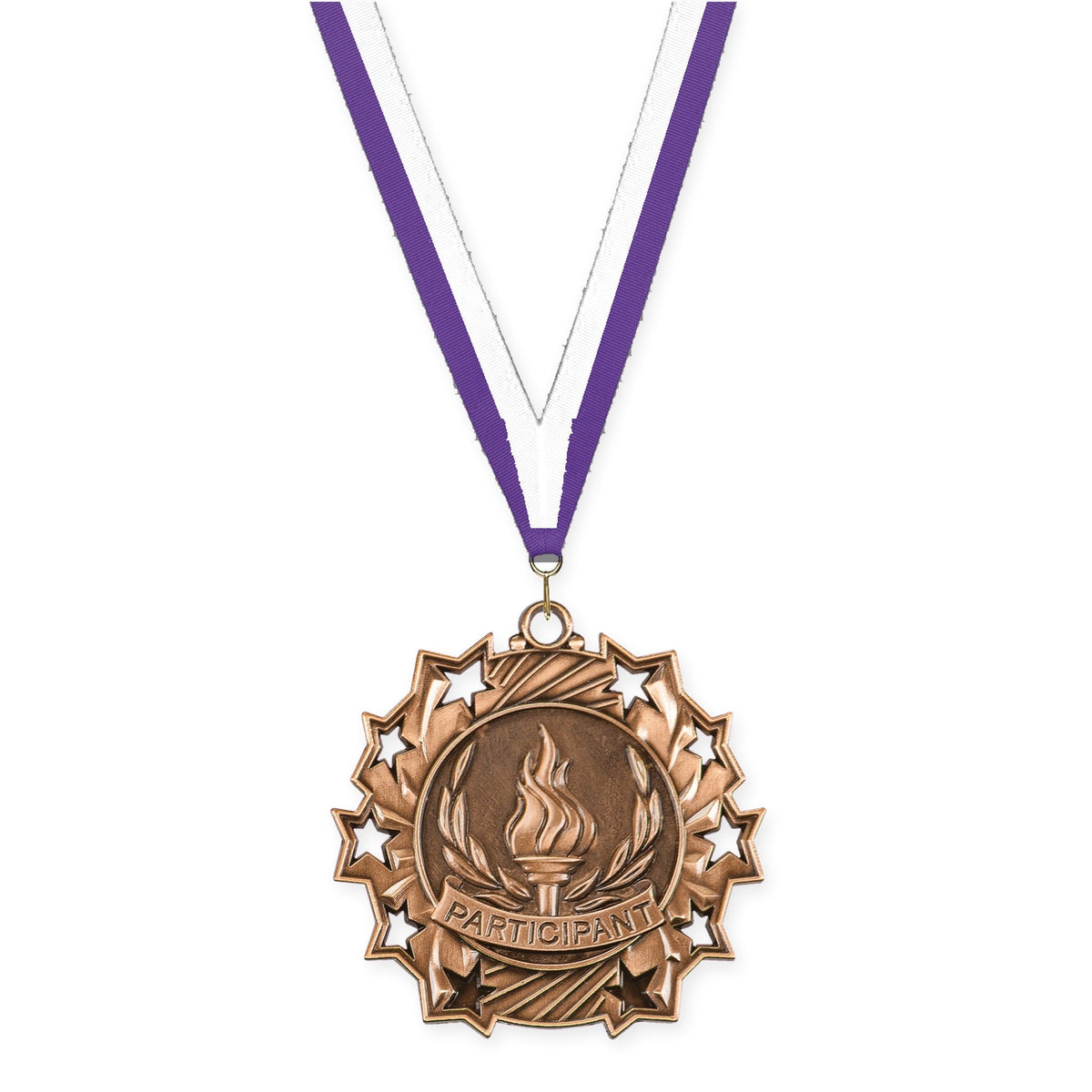 2 1/4 inch Participant Ten Star medal in antique bronze with Purple White neck ribbon