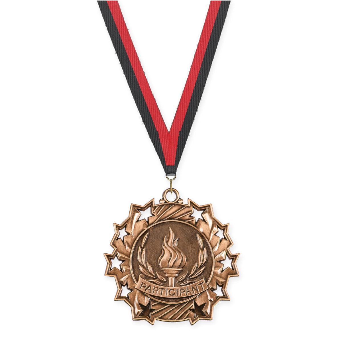 2 1/4 inch Participant Ten Star medal in antique bronze with Black Red neck ribbon