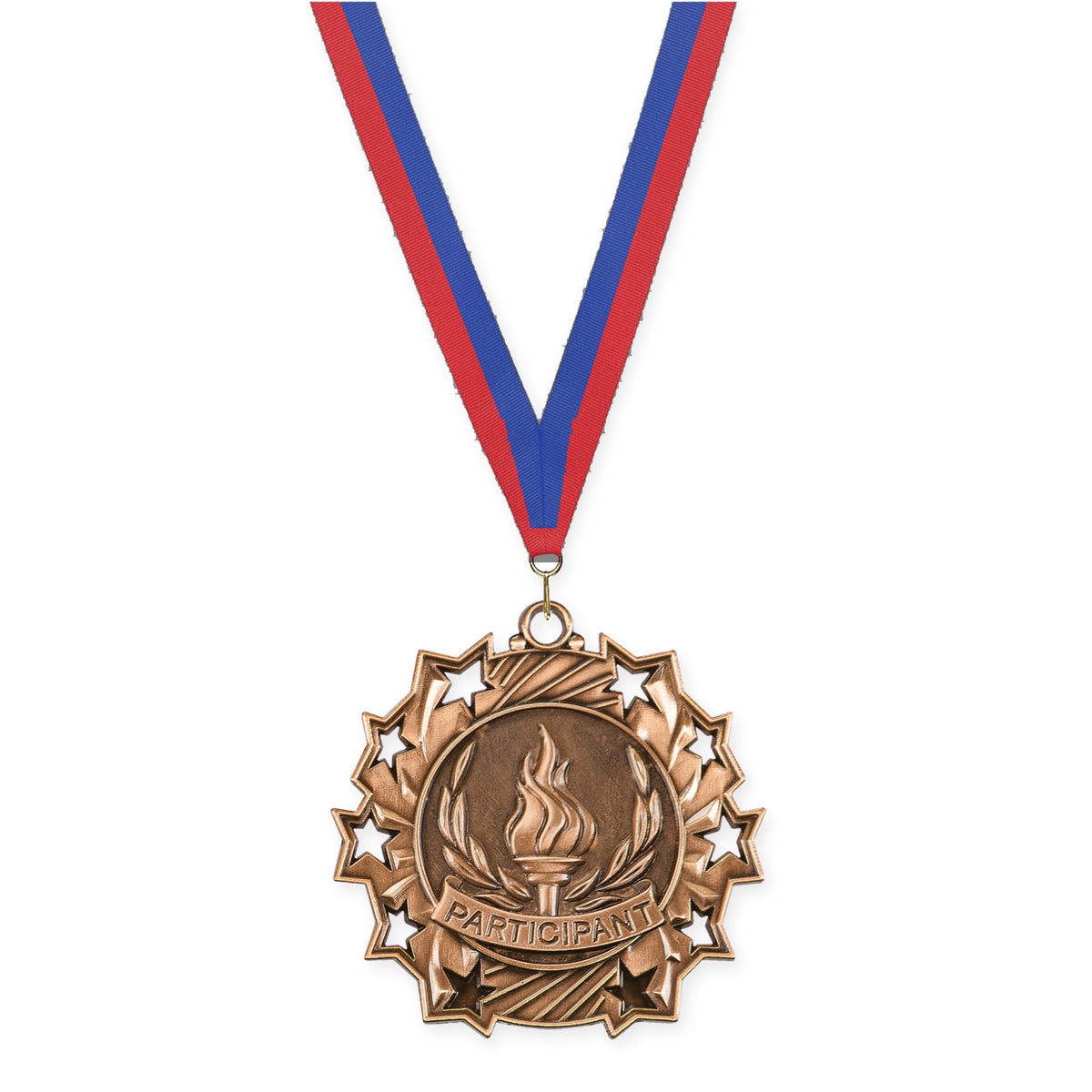 2 1/4 inch Participant Ten Star medal in antique bronze with Blue Red neck ribbon