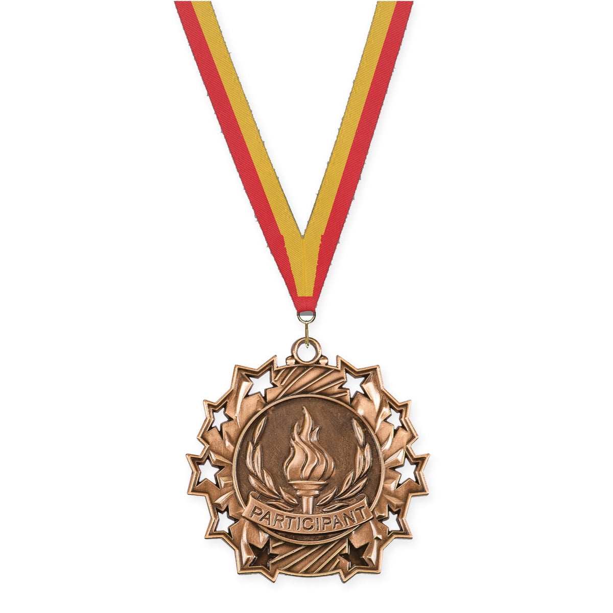 2 1/4 inch Participant Ten Star medal in antique bronze with Red Gold neck ribbon